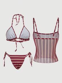 SHEIN MOD 女款夏季海灘派對條紋細肩帶綁帶性感比基尼兩件式泳衣套裝，附外罩衫背心上衣，黃色 - 紅白色 - 查看 2