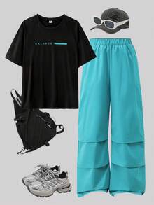 SHEIN 2pcs/Set Teen Boys Round Neck Casual Letter Print T-Shirt And Sweatpants Set, Comfortable And Fashionable, Suitable For Daily, Commuting And Travel - Multicolor - View 3