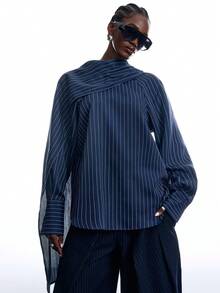 LYSMO 2026 New Arrive Minimalism Spring/Summer Women's Fashionable Commuter Striped Ribbon Shirt - Navy Blue - View 5