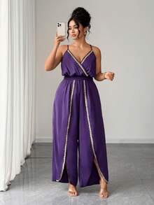 SHEIN Clasi Plus Size Women's Shirred Cinched Waist Ruffle Hem Heart Tie Decor Jumpsuit, Casual Elegant Vacation Outfit Party Dark Purple Summer - Purple - View 5