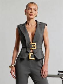 Hauture Women's Sexy Solid Color Sleeveless Blazer Vest With Stylish Gold Metal Trim - Grey - View 2