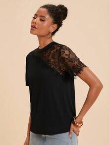 Travachic Women's Summer Casual Lace Patchwork T-Shirt - Black - View 9