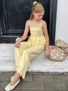 SHEIN Tween Girl Casual Burnout Graphic Summer Vacation Commute Daily Basic Outing Outfit Sleeveless Top And Long Pants 2 Pieces Set - Yellow - View 7