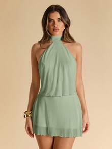 SHEIN BAE Sage Green Spaghetti Strap Backless Ruffle Hem Mini Dress For Women, Elegant Summer, Vacation, Sexy, Outing, Date Night Out, Valentine's Day Outfit - Mint Green - View 5