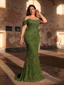 Aureia Plus Size Elegant Sexy Off-Shoulder Luxury Pearl Rhinestone Patchwork French Lace Boning Decor Waist Pleated Fitted Mermaid Hem With Train Heavy Work Evening Gown (Heavy Work Design) - Army Green - View 5