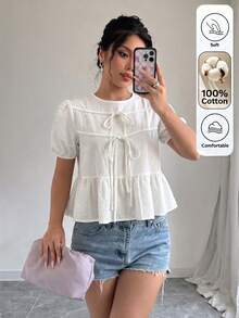 SHEIN Raffinéa 女款春夏新款白色100%純棉面料度假節日海灘休閒祭典前綁帶襯衫 - 白色 - 查看 1