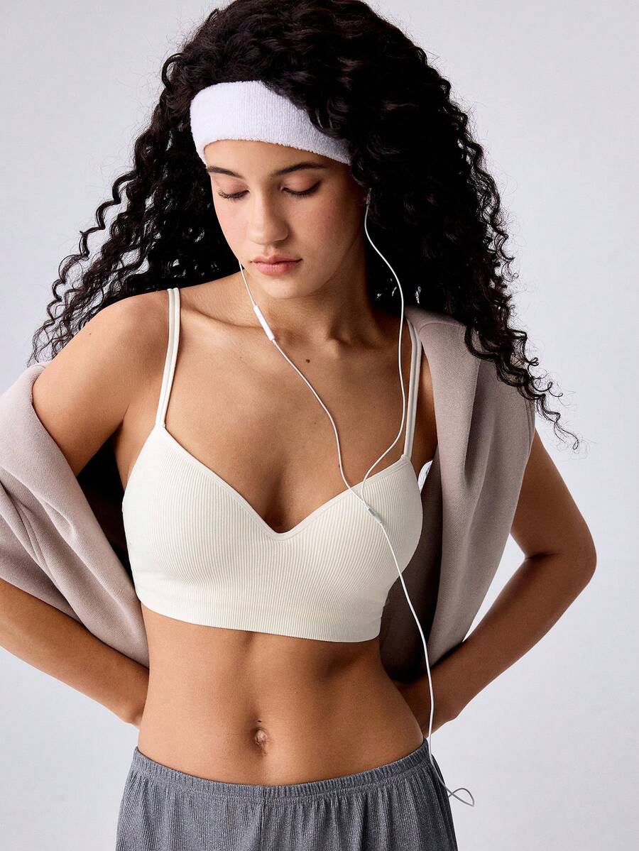 Loungeista Beige Ribbed Fixed Cup Bra, Comfortable Thin Cup Wireless Casual Women's Underwear, All-Match Classic Daily Versatile Bra - Beige - View 1