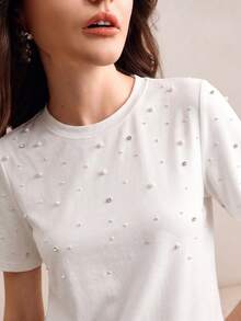 Anewsta Women's Spring/Summer New Casual Elegant Versatile Party Date Bingbing Rhinestone Pearl Decor Round Neck Short Sleeve T-Shirt White - White - View 2
