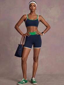 Zivah Women's Piped Cropped Camisole Tank Top And Shorts Sports Set - Navy Blue - View 8
