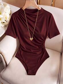 Elenzga Plus Size Women's Spring/Summer Solid Color Elegant Elastic Bodysuit, Asymmetric Design, Ruched Detail, Round Neck Short Sleeve, Versatile For Work And Everyday Wear - Burgundy - View 1