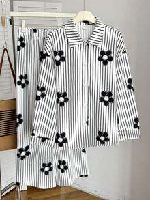 SHEIN 少女三件套：条纹长袖衬衫、印花长裤和吊带背心，适合春秋季穿着 - 黑與白 - 查看 4