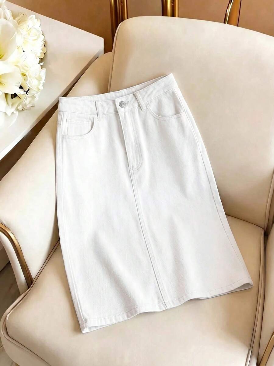 GlowEve Women's Casual Versatile Date & Travel Denim Skirt With Pockets - White - View 1