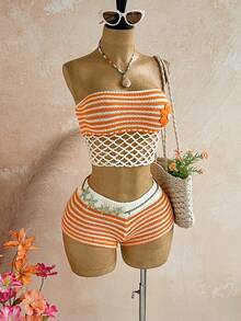 Soleia Women's Orange And White Hollow Out Boho Tropical Cropped Tube Top And Shorts 2-Piece Set Beach Vacation Summer - Multicolor - View 6