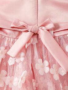 SHEIN Glamorique Kids Girls Princess Dress, Flower Girl, Birthday Party Wedding Holiday Dress, Satin Texture Fabric Sleeveless Pink 3D Flower Tulle Skirt With Back Tie Bow, Prom Dresses, Graduation Dresses, Summer Dress, Gorgeous Evening Gown - Pink - View 9