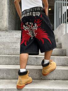 Manfinity Roghcode Embroidered Wing Design Unisex Fashionable Graphic Streetwear Denim Shorts Vacation Black And Red Summer - Black - View 8