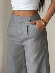 SHEIN PETITE 女款粉色竹纖維面料腰前疊層扣飾設計優雅教師制服專業休閒褲，感恩節萬聖節必備百搭寬鬆飄逸直筒褲，適合嬌小女性 - 深灰色 - 查看 6