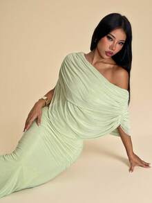 SHEIN PETITE 春夏純色淺綠色抓褶單肩修身優雅長版網紗洋裝，緊身修身優雅洋裝，飄逸洋裝，適合嬌小女性 - 綠色 - 查看 7