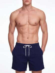 Manfinity KASUA Men Solid Drawstring Waist Swim Trunks - Navy Blue - View 5