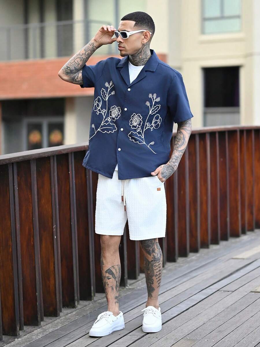 Devon Thys 男士休闲纯色抽绳腰短裤，夏季 - 白色 - 查看 1