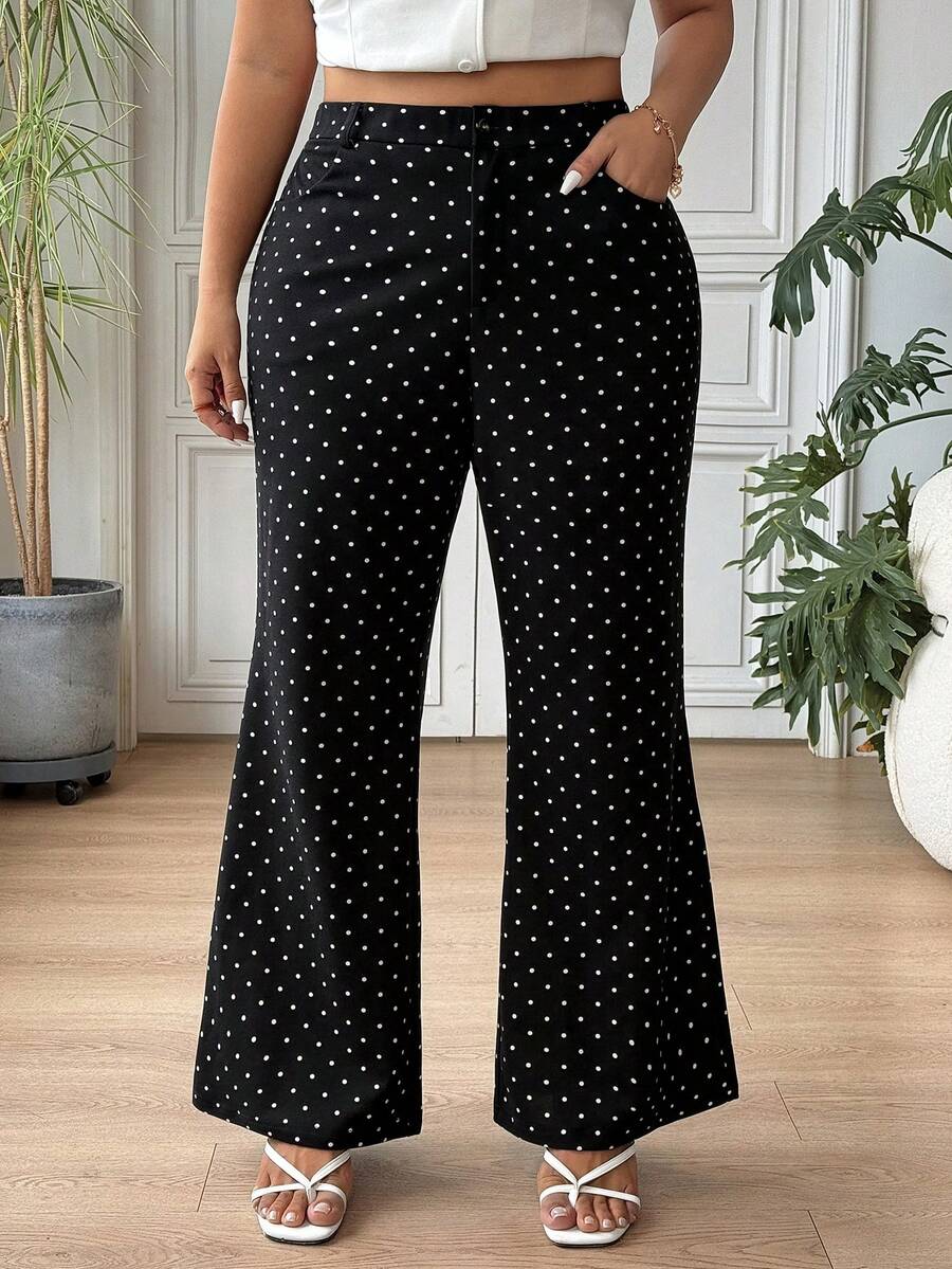 SHEIN EZwear 大尺碼女款圓點印花高腰口袋喇叭褲 - 黑色 - 查看 1