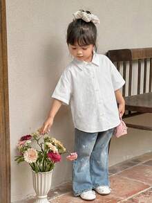 SHEIN LMoss Kids 少女編織素色休閒襯衫 - 白色 - 查看 2