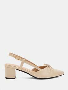 CUCCOO CURVES Women's Nude Patent Leather Pointed Toe Bow Knot Slingback Block Heel Pumps - Apricot - View 2