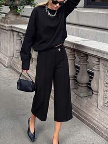 Firerie High Waist Button Detail Capri Pants - Black - View 1