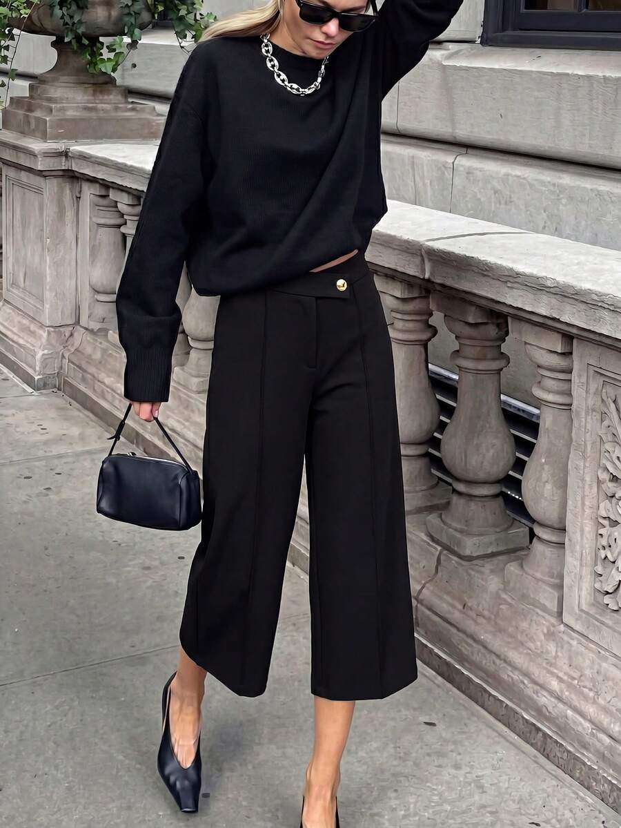 Firerie High Waist Button Detail Capri Pants - Black - View 1