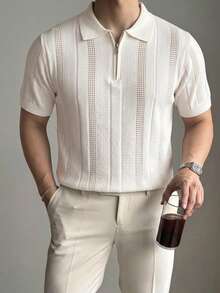 DAZY White Solid Textured Fabric Polo Neck Knit Top For Men - Beige - View 3