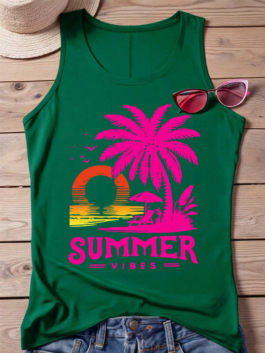 SHEIN LUNE Women's Plus Size Round Neck Tropical Print Letter Print Tank Top - Green - View 1