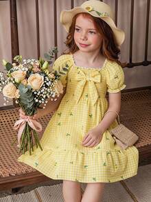 Elladie kids Süßes Kleid mit Blumenprint, Rüschenkragen und Puffärmeln für Mädchen, elastischer Bund, geeignet für Schule, Spielplatz, Familientreffen, Geburtstagsfeiern, Kurztrips, Strandurlaub - Gelb - Übersicht 2