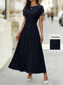 Editum Women's Elegant Cinched Waist Short Sleeve Blue Long Dress, Suitable For Daily Wear And Commuting In Early Spring - Navy Blue - View 3