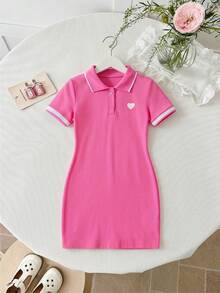SHEIN Vestido de punto casual de niña con patrón de corazón de unicolor - Rosa Fucsia - Ver 3
