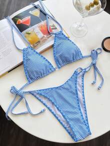 Swim Mod 2pcs/Set Women's Blue And White Striped Bikini,Summer Casual Beach Holiday Vacation Holiday Swimwear,Halter Backless Tie Top&Side Tie Bottom Set - Multicolor - View 4