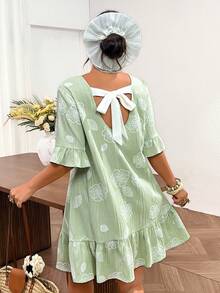 Lounesse Plus Size Women Casual Cute Floral Print Dress With Bow Tie Back Design Vacation Light Green Summer - Multicolor - View 3