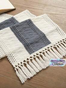 1 pièce Chemin de table macramé bohème avec glands crème et gris. Décoration de salle à manger, chambre, rustique, douche de mariage, ferme. Tapis de table pour mariage. Cadeau de décoration multiple tailles - Gris - Voir 1