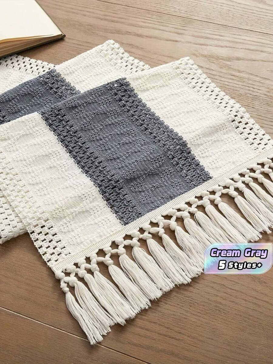 1 pièce Chemin de table macramé bohème avec glands crème et gris. Décoration de salle à manger, chambre, rustique, douche de mariage, ferme. Tapis de table pour mariage. Cadeau de décoration multiple tailles - Gris - Voir 1