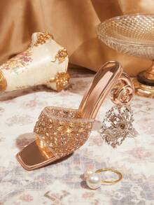 CUCCOO TILAWA Ladies Luxury Elegant Rhinestone High Heels, Rhinestone High-Heeled Sandals, Showing Elegance, Fashionable And Versatile Styles, Comfortable And Durable High-Heeled Women's Shoes, Shiny Rhinestone Decorative Sandals. - Champagne - View 1