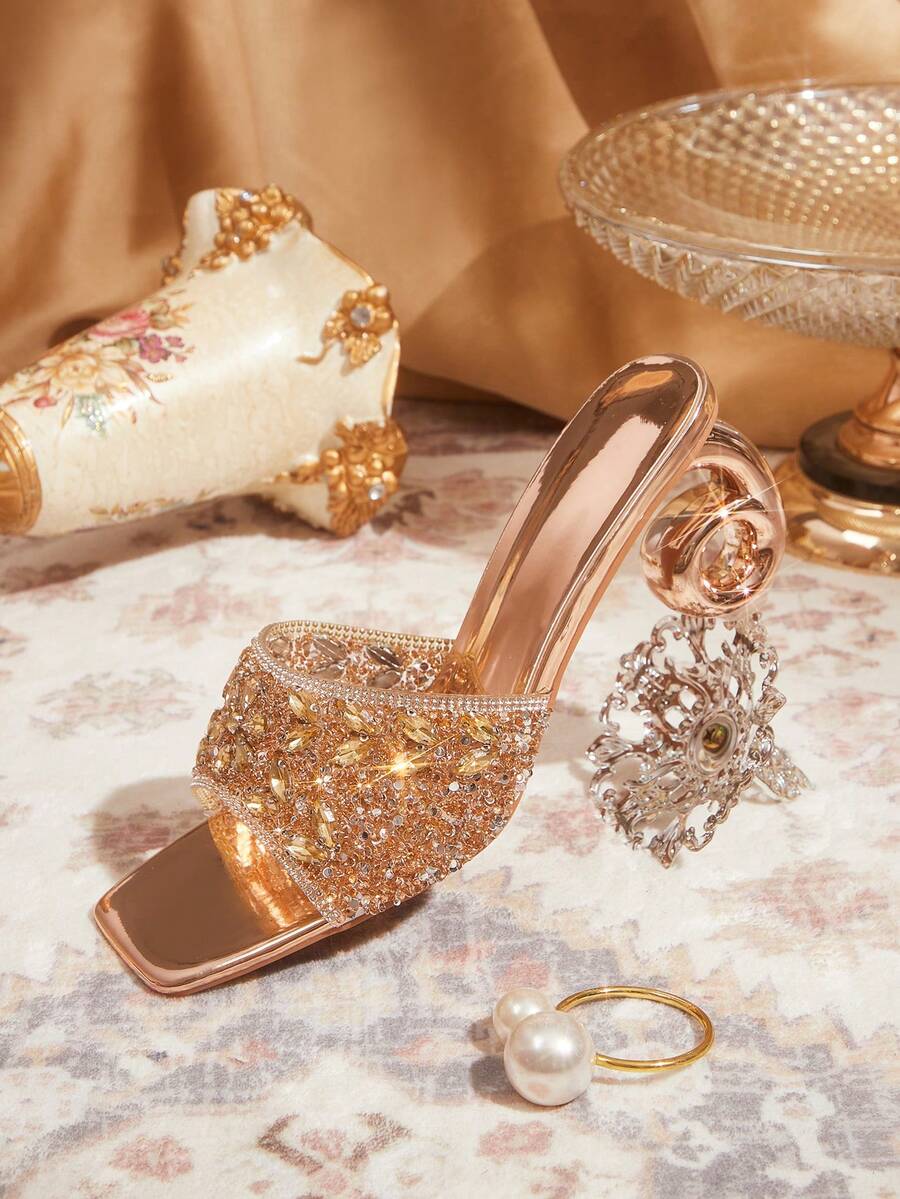 CUCCOO TILAWA Ladies Luxury Elegant Rhinestone High Heels, Rhinestone High-Heeled Sandals, Showing Elegance, Fashionable And Versatile Styles, Comfortable And Durable High-Heeled Women's Shoes, Shiny Rhinestone Decorative Sandals. - Champagne - View 1