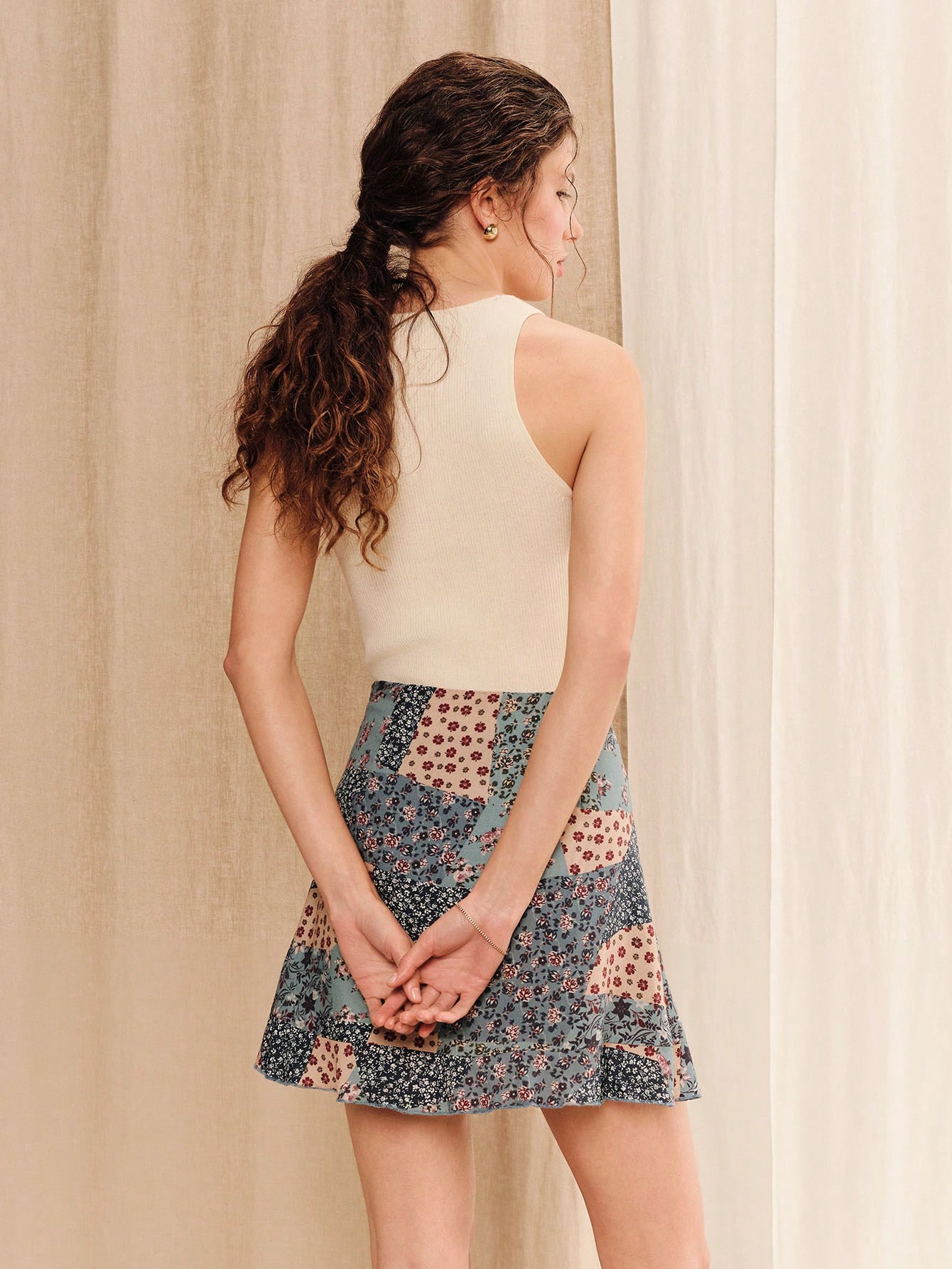 Blue High Waisted Floral Patchwork Print Mini Skirt With A Ruffled Hem Cute Holiday Casual Skirt