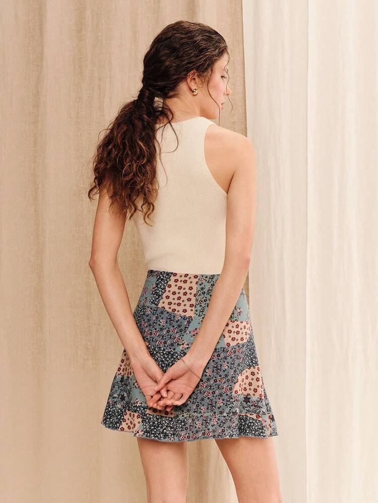 Blue High Waisted Floral Patchwork Print Mini Skirt With A Ruffled Hem Cute Holiday Casual Skirt