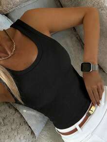 DAZY 女款夏季時尚素色百搭圓領修身螺紋背心上衣 - 黑色 - 查看 2