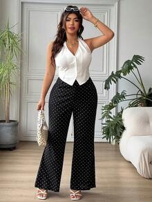 SHEIN EZwear 大尺碼女款圓點印花高腰口袋喇叭褲 - 黑色 - 查看 5