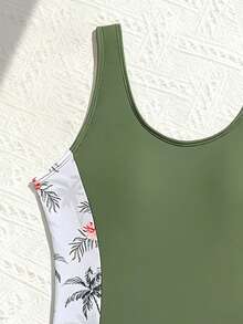 SHEIN 青少年女孩一件式泳衣，適用於青少年女孩，度假、休閒、運動風，軍綠色泳衣，熱帶椰子樹印花，針織面料，雙肩一件式泳衣，兩件式泳衣，一件式泳衣 + 四角泳褲，時尚、休閒、精緻、華麗、淑女風，適合游泳、夏季度假、海灘、海邊、游泳池、夏季派對、休閒度假 - 墨綠色 - 查看 3