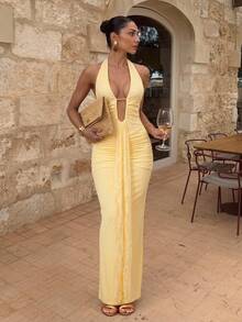Lumalex Women's Elegant Solid Color Lace Patchwork Backless Dress, Summer Party Night Pale Yellow.Suitable For Wedding Guests - Pale Yellow - View 4
