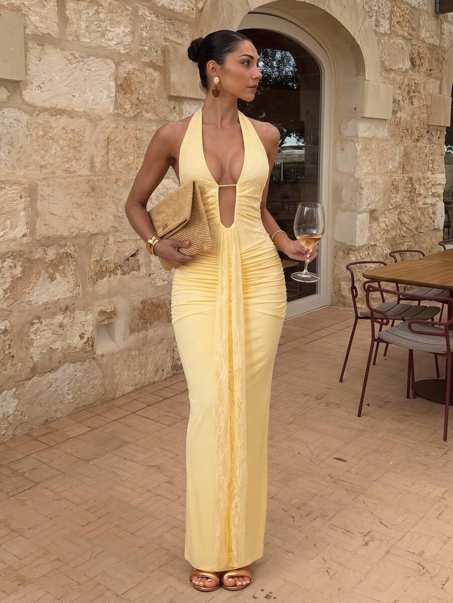 Lumalex Women's Elegant Solid Color Lace Patchwork Backless Dress, Summer Party Night Pale Yellow.Suitable For Wedding Guests