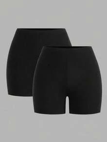 SHEIN EZwear 大码女式休闲运动日常通勤纯色高腰骑行短裤 - 黑色 - 查看 2