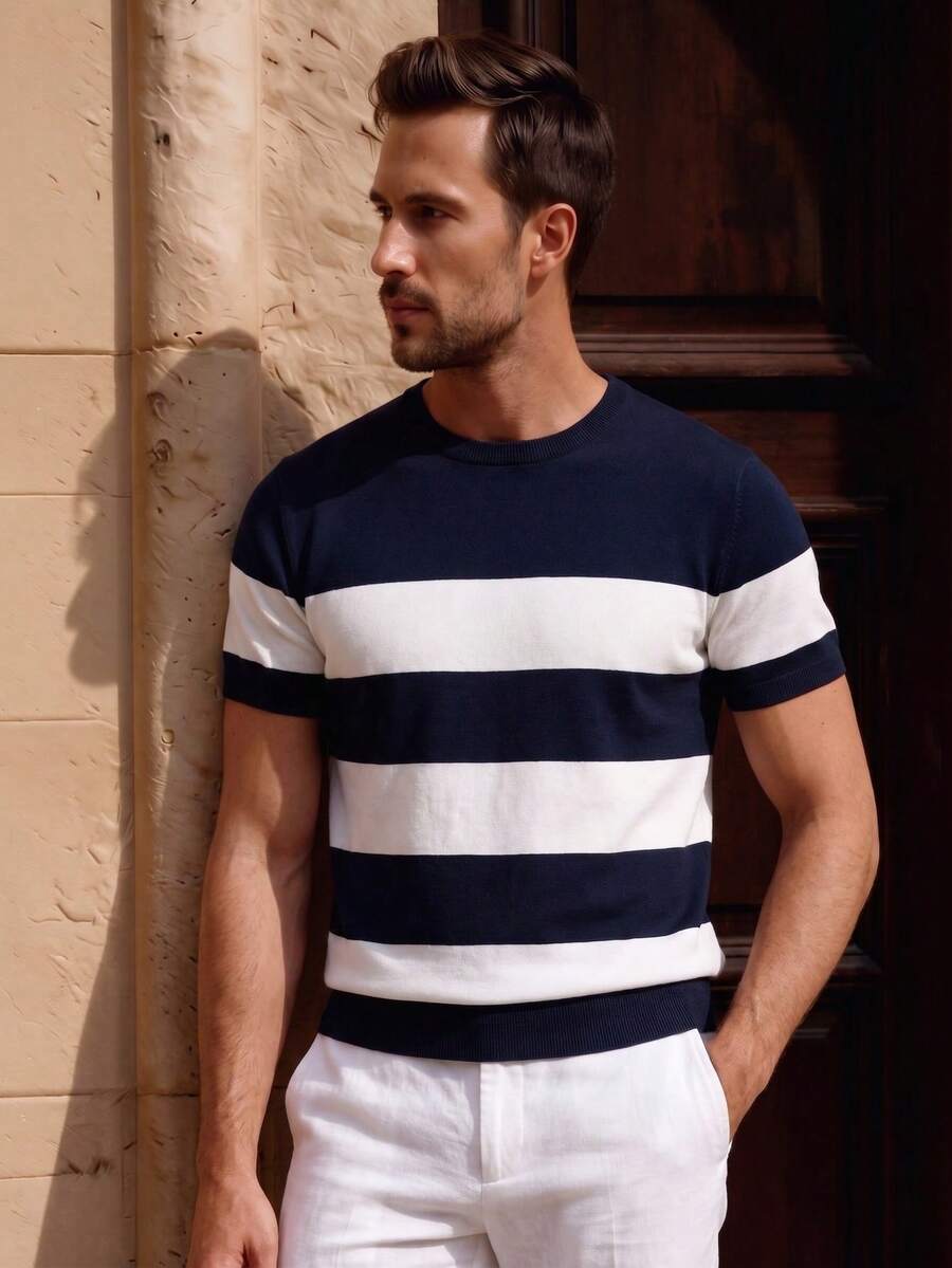 Officeau Camiseta de punto casual de cuello redondo y manga corta con parches de unicolor para hombre - Azul Marino - Ver 1