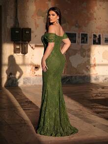 Aureia Plus Size Elegant Sexy Off-Shoulder Luxury Pearl Rhinestone Patchwork French Lace Boning Decor Waist Pleated Fitted Mermaid Hem With Train Heavy Work Evening Gown (Heavy Work Design) - Army Green - View 2