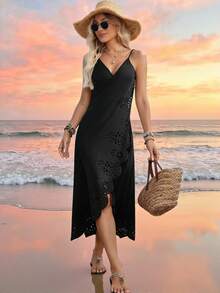 Swim Lushoire Women's Summer Beach Solid Color Adjustable Strap One-Piece Hem Laser Cut Wrap Dress For Vacation - Black - View 5